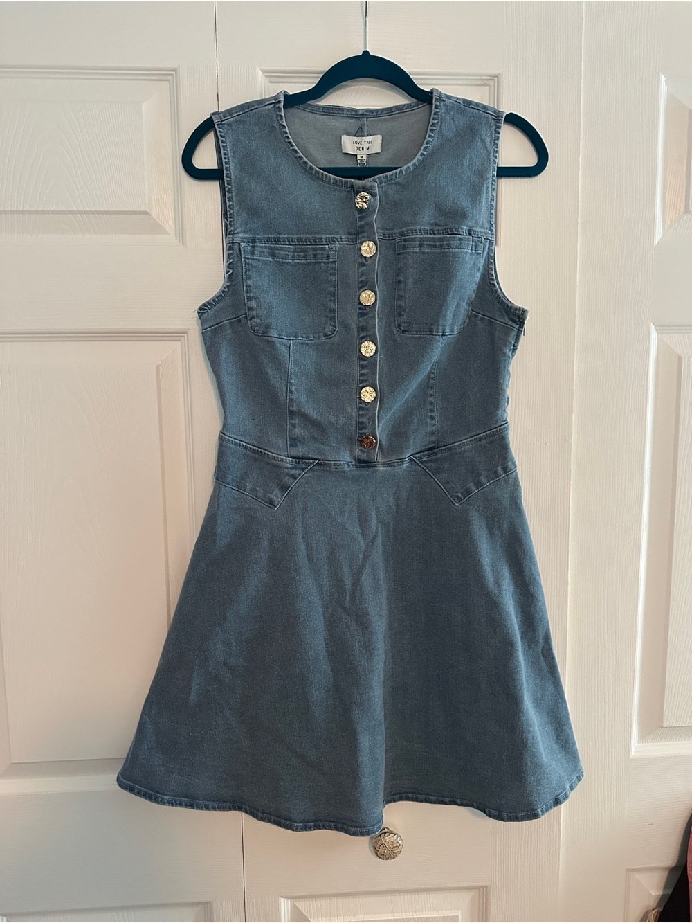 Sleeveless Button Front Stretch Denim A-line Dress